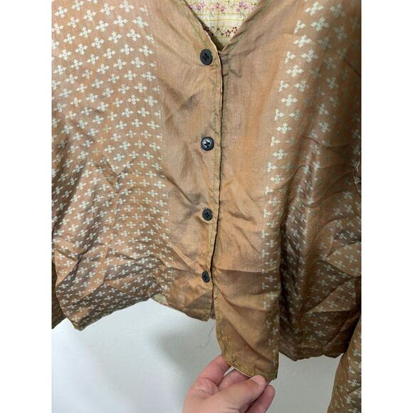 Vintage Blouse Women's Medium Brown Blue Green Silk Reversible Top Button Front - Picture 4 of 8